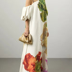 A-Line Loose Elasticity Flower Print One-Shoulder Maxi Dresses