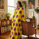 Long Sleeves Loose Big Hemline Contrast Color Pleated Polka Dot Split-Joint Half Turtleneck Maxi Dresses