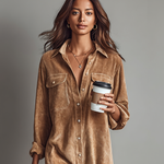 Women's Loose Corduroy Double Chest Pocket Single Breasted Midi Dress