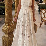 Sevilla Sun Embroidery Crochet Flowers Cutout Waist Halter Backless Maxi Dress