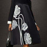 A-Line Long Sleeves Contrast Color Floral Printed Split-Joint High Neck Midi Dresses