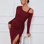 Sexy Drawstring Slit Off Shoulder Long Sleeve Dress