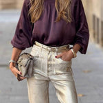 SATIN BLOUSE WITH EGGPLANT COLLAR