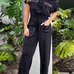 BLACK OFF SHOULDER VELVET JUMPSUIT