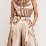 Quiet Luxury Champagne Satin Sleeveless Button Blouse & High-Waist Midi Culottes Set