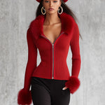 Lapel Zipper Faux Fur Collar Knitted Cardigan