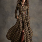 Retro Ethnic Style Lapel Reddish Brown Plaid Maxi Dress