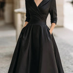 A-Line Three-Quarter Sleeves Pleated Pockets Solid Color V-Neck Midi Dresses