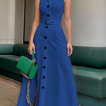 A-Line High Waisted Belted Buttoned Solid Color Lapel Maxi Dresses