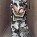 Casual V-neck printed short-sleeved top and wide-leg pants set