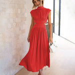 Stand Collar Solid Color Hollow Waist Long Dress