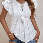 Nadorine Eyelet Tie-Neck Flutter-Sleeve Top Solid Color Casual Blouse for Women Casual Work Office Loose Fit 2026 | Under $40