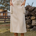 Nadorine Women's Casual High Waist Denim Midi Skirt Drawstring Adjustable Long Jeans Skirt with Pockets