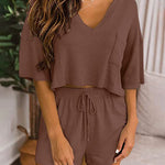 Two-piece Set Short Sleeve V-neck Top and Shorts Lounge Suits