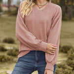 V-Neck Solid Color Twisted Knit Long Sleeve Loose T-Shirt Tops