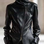 Personality And Fashion High Collar Oblique Zipper Black PU Jacket