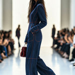 Casual Loose Retro Red Topstitched Denim Wide Leg Long Sleeve Jumpsuit