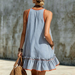Casual Retro Ruffled Red And White Striped Cotton Linen Sleeveless Mini Dress