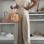 Santie Round Neck Cape Sleeve Loose Top and Elastic Waist Pocket Wide Leg Pants Set