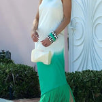 Vibrant Ombré Print Ruched One Shoulder Tassle Trim Vacation Maxi Dress