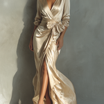 Women's Champagne-colored Wrap-around Tie-waist Maxi Dress