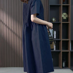Nadorine Women's Crew Neck Cotton Linen Plain Dress Casual Loose Short Sleeve Sundress with Pockets