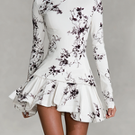 Women's White Printed High-Neck Ruffled Mini Dress