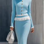 Elegant Vintage Gold Button Tassel Tweed Top And Skirt Set