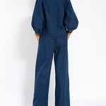 Nadorine Women's Casual Denim Two-piece Set Loose Puffed Sleeve Blouse and Wide-leg Pants