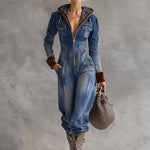 Vintage Casual Western Hooded V-neck Zipper Velvet Stitching Blue Denim Jumpsuit