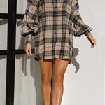 Mixed color plaid lantern sleeve long sleeve shirt