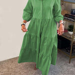 Solid Color Lapel Elastic Cuffs Loose Maxi Dress