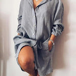 Nadorine Women's Cotton and Linen Shirt Dress Casual Loose Pocket Midi Dresses