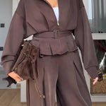 Stand-up collar belted wide-leg suit