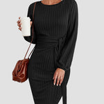 Nadorine Women's Casual Long Lantern Sleeve Bodycon Dress Tie Waist Rib Knitted Sweater Dresses