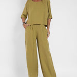 Two-piece Set Loose Vacation O-neck Half Sleeve Solid Tops Casual Wide Leg Pants Suits