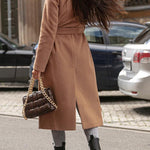 Simple Long-sleeved V-neck Tie Woolen Coat