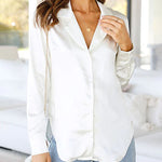 Nadorine Long Sleeve Shirts Casual Lapel Collar V Neck Single Breasted Tunic Blouse