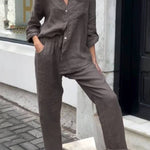 Casual Solid Color V-Neck Shirt & Pants Cotton Linen Two-Piece Set