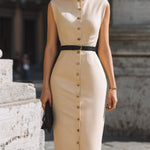 Sleeveless Button-Front Midi Dress With Waist Belt