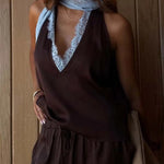 Sunday Social Contrast Color Satin Lace Trim Neck Strap Loose Tank