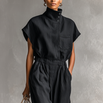 Women's Minimalist Linen Blend Button-up High-neck Short-sleeved Jumpsuit