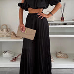 Jorie Satin Off Shoulder Puff Sleeve Crop Top and Elastic Waist Pleated Wide Leg Pants Set