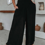 Loose Beach Elastic High Waist Casual Wide Leg Palazzo Yoga Lounge Trousers with Pockets