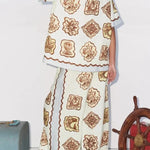 Lakeside Breeze Linen Blend Unique Print Short Sleeve Button Oversized Blouse