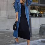 Retro Mid-length Denim Jacket Loose Fit Double-breasted Denim Jacket Windbreaker with Belt