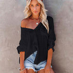 Nadorine Solid Color V Neck Long Sleeve Button Down Blouse with Pockets