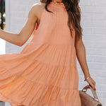 Sleeveless Loose Plain Mini Dresses Mock Neck Layered Ruffled Loose Flowy Swing Short Tank Dress