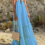 Flowy Cut Out Halter Neck Long Dress 3D Flower Chiffon Ruffle Frill Trim Puffy Swing Dress