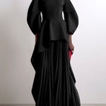 Long Sleeves Loose Pleated Solid Color Split-Joint Tiered Round-Neck Maxi Dresses